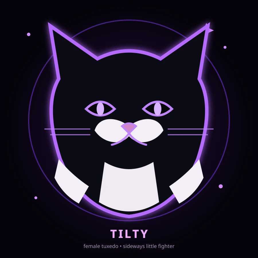 Stylized female tuxedo-marked cat portrait representing Tilty